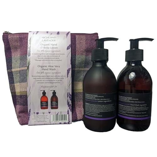 The Highland Soap Company Hand Care Gift Set, Organic Hand Wash & Lotion Set in Contempory Tweed Toiletry Bag (Highland Lavender)