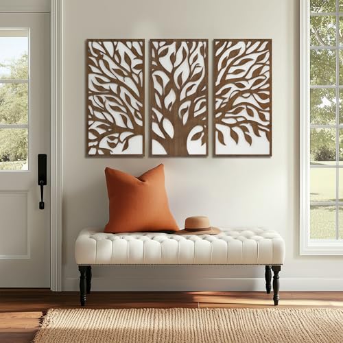 Tree of Life Wall Decor Set - Birch Botanical Two-Tone 3-Piece Wood Panels, Ready to Hang, 16 x 32 Inches, Unframed