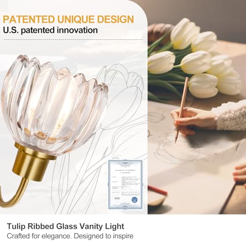 3-Light Bathroom Vanity Light Fixture - Brushed Gold Tulip Glass Shade, Wall-Mounted, Dimmable