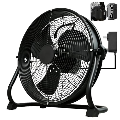 14-Inch Battery Operated Metal Floor Fan for Dewalt 20V Max - Portable Jobsite Fan with AC Adapter, 1500 CFM, Variable Speed, Tilt & Hanging Hook