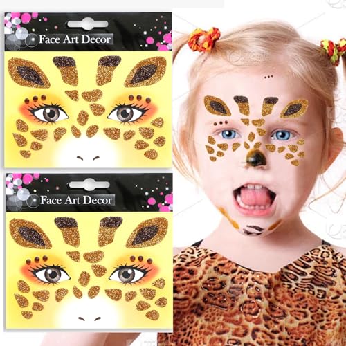 Giraffe Face Tattoo Stickers Yellow Glitter Giraffe Face Gems for Boy Girls Cute Animal Temporary Tattoo Decal Party Birthday Cosplay Face Temporary Tattoo for Makeup 2 sheets