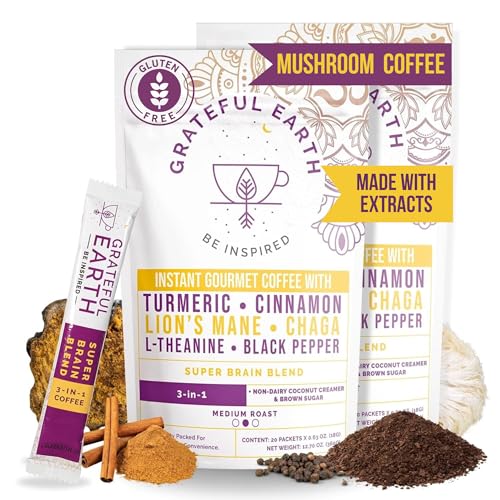 Grateful Earth Instant Mushroom Coffee with Lion's Mane (2 Bags, 40 Ct) – 40 Single-Serve Sticks