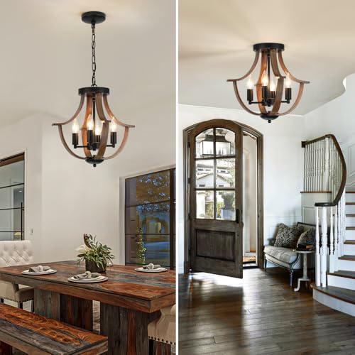 Dark Wood Grain 4-Light Farmhouse Pendant Light Fixture - Rustic Modern Ceiling Chandelier for Dining & Kitchen