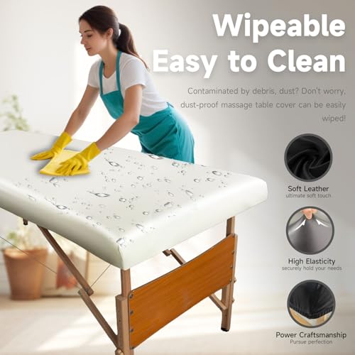 Leather Cover for Massage Table Wipeable Massage Bed Protector Cover Made of 4-Ways Elastic 100% PU Waterproof Material, Machine Washable, Fit Rectangular Tables 28-32" Wide (White, 1Pcs)
