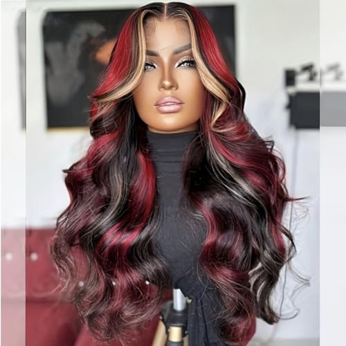 EVLYNN 26in 13x4 HD Lace Front Wig - Black Red with Blonde Highlight, Pre-Plucked, Baby Hair, Wavy Skunk Stripe
