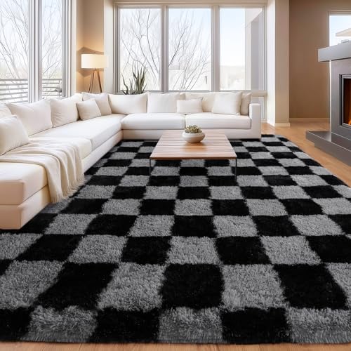 Black & Grey Checkered Shaggy Fuzzy Rug 8x10ft High Pile Living Room Carpet