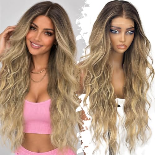 Long Ombre Blonde Wigs for Women - 30 Inch Wavy Synthetic 4x2 Lace Front - Natural Volume, Glueless Fit