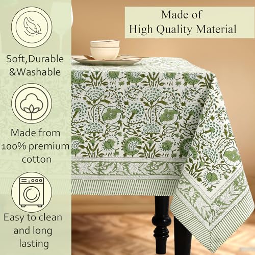 Agate Green Cotton Tablecloth 70x108 Inch Rectangular Hand Block Print