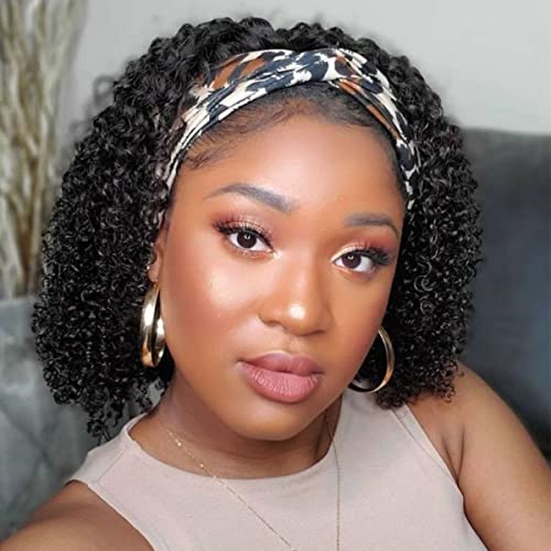 Curly Headband Wig for Black Women 10 Inch 1B Human Hair Glueless Kinky Wig