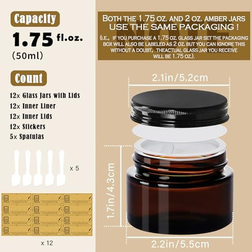 1.75 oz Glass Jars with Lids,Amber,12 Pack Empty Cosmetic Containers with Inner lids and Inner Liners,Black Metal Lid,Refillable Round Airtight Jars,Use to store Lotion,Powders,Candle Making