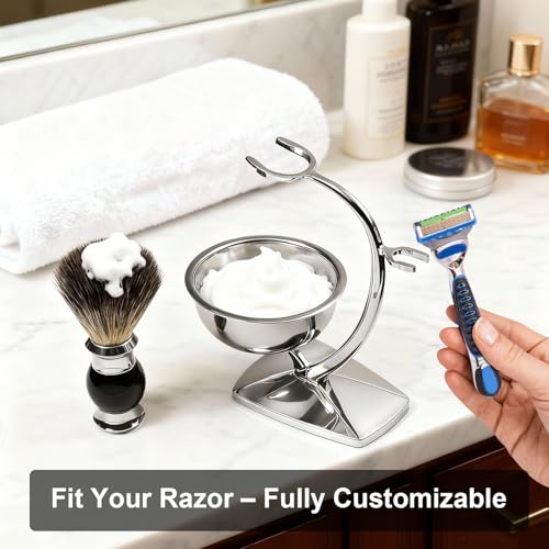 Shaving Bowl Set with Stand and Synthetic Brush - Chrome Alloy & Magnetic Base