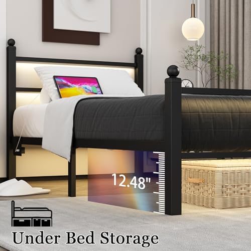 Black Twin Bed Frame with Charging Station & RGB LED Lights, Heavy Duty Slats, Easy Assembly