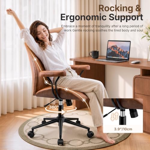 Brown Leather Office Chair - Ergonomic Executive Home Desk Chair with Removable Armrests