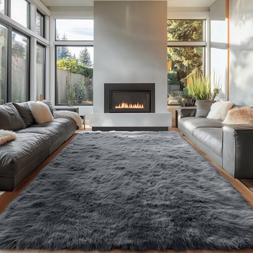 6x9 Ft Grey Large Area Rug - Machine Washable Fluffy Shaggy Bedroom & Living Room Floor Carpet - Non-Slip Indoor Home Decor