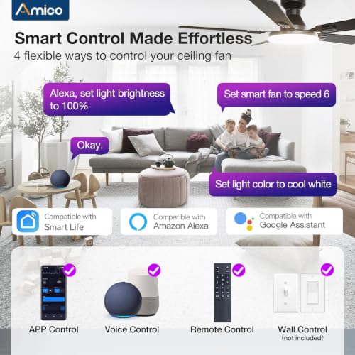 52-Inch Black RGB Flush Mount Ceiling Fan with Lights - Smart Control