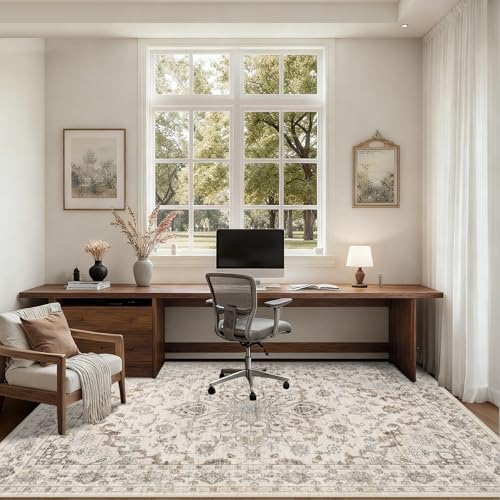 8x10 Washable Area Rug for Living Room and Bedroom - Brown Beige, Non-Slip Backing
