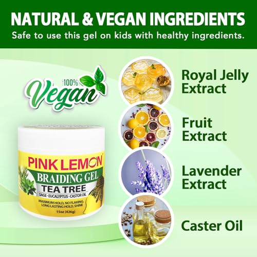 Braiding Gel - Tea Tree - Maximum Hold, High Shine, No Flaking, 15 oz - Pink Lemon