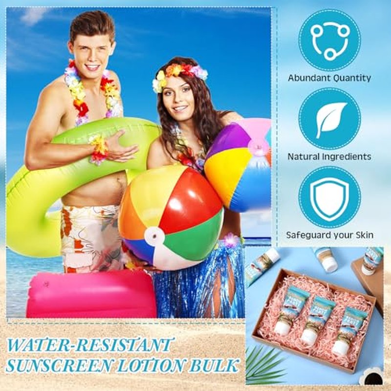 12 Pcs Mini Sunscreen Bulk for Valentine Gifts Summer Travel Size Spf 30 Water Resistant Sunblock Sunscreen Lotion Bulk for Valentines Day Favors for Pool Party(White Cream,Beach)