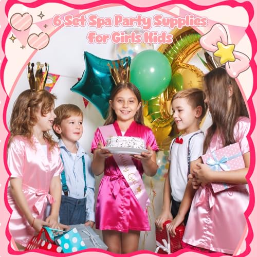Girls Spa Party Supplies Kit 6-Piece Set with Satin Robes & Accessories - Hot Pink & Pink Variation