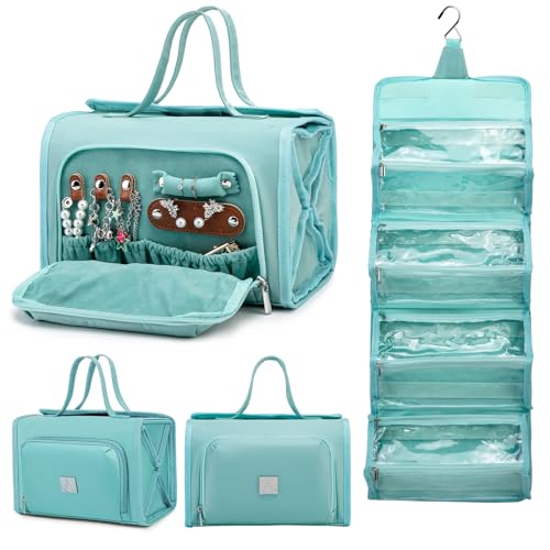 RoyalFair Blue Waterproof Travel Makeup Bag with Jewelry Organizer & Clear Pouches