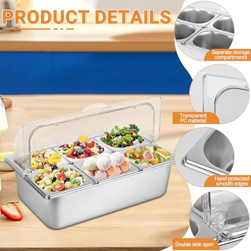 Stainless Steel Food Serving Display Tray with Clear Lid for Buffets & Catering - 6 Pan Set