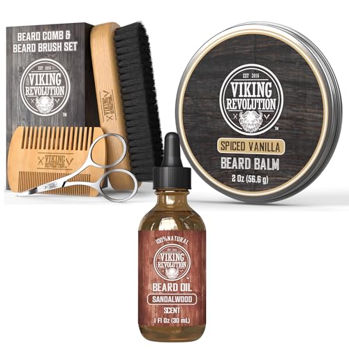 Viking Revolution Natural Boar Bristle Brush and Pear Wood Comb Set for Men, Sandalwood Beard Oil and Spiced vanilla Beard Balm, with Argan and Jojoba Oil - Beard Softener, Strengthens and Moisturizes