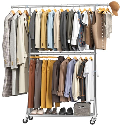 FYBEE Chrome Double-Rod Heavy Duty Clothing Rack | Adjustable Tall Garment Organizer, Load 860LBS