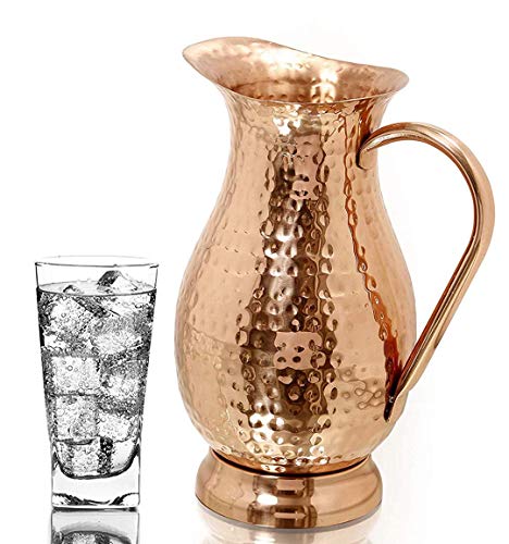 Large Pure Copper Water Pitcher with Lid - Handcrafted Hammered Jug, 70 Oz/2000ml for Home & Gifting