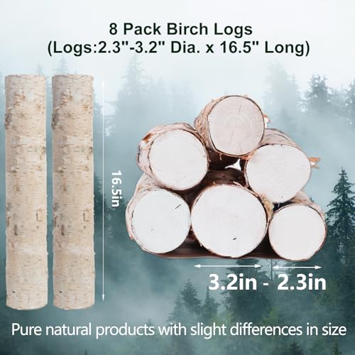 8 Pack Large Diameter Birch Logs for Fireplace Decor & Crafts - Natural Wood