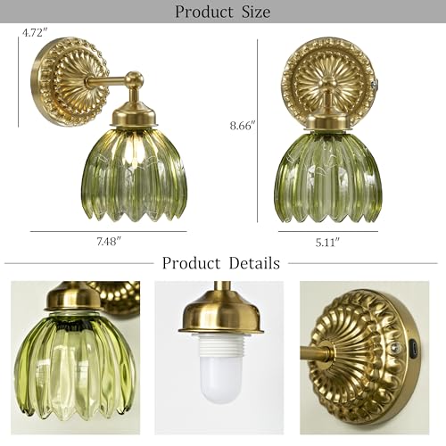 Gold + Green Tulip Glass Battery-Operated Wall Sconce 2-Pack - Vintage Wall Light with Remote & Dimming