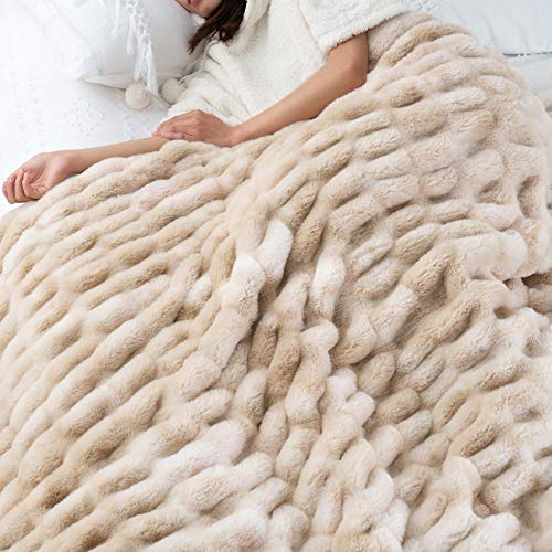 Luxury Faux Fur Throw Blanket - 60x80 Inches, Tie-Dye Beige, Soft & Cozy Couch Decor