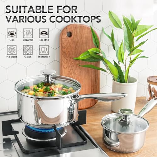 Full Tri-Ply Stainless Steel Saucepan Set with Lids - 1QT, 2QT, 3QT, Induction Compatible