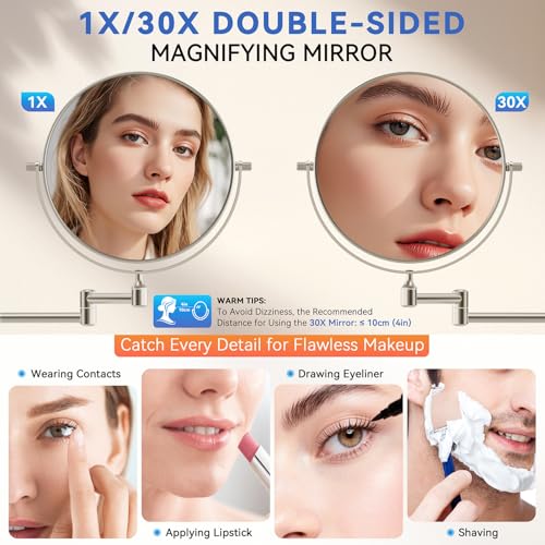 Auxmir 8 Inch Double-Sided Wall-Mounted Makeup Mirror Nickel - 1X/30X Magnification