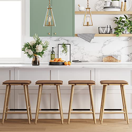 Light Brown Counter Height Wood Bar Stool with Leather Removable Cushion - 24 Inch