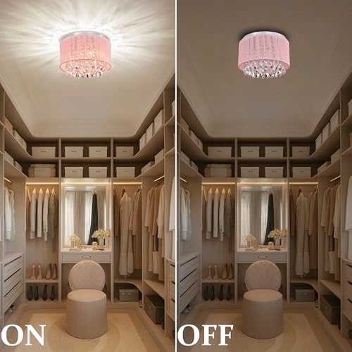 Pink Drum Flush Mount Chandelier - 3 Light Crystal Ceiling Fixture for Bedroom - 11 inch Variation