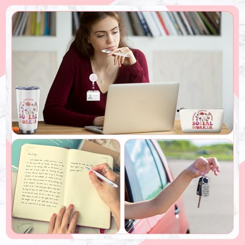 7 Pcs Social Worker Gifts Set for Women Include Canvas Bag Cosmetic Bag 20 oz Thermos Cup Keychain Badge Holder Notebook Pen for Volunteers School Social Worker Gift
