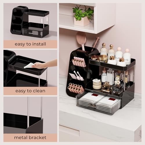 Makeup Organizer for Vanity with Brush Holder, 2 Tiers Countertop Skincare and Cologne Organizer for Bathroom Vanity, Large Capacity Makeup Storage, Black