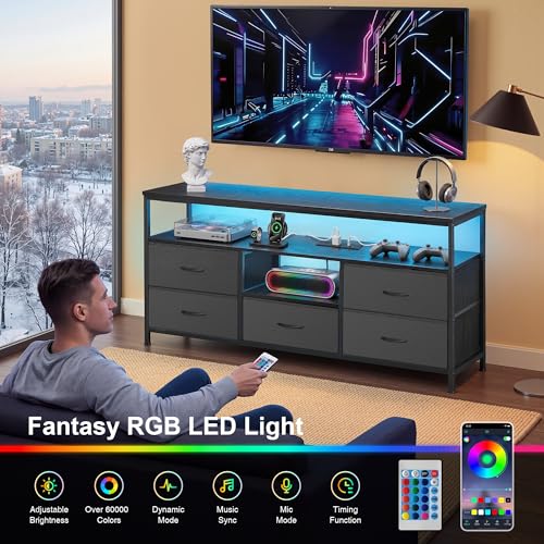 47 Inch TV Stand with LED Lights & Charging Station for Bedroom - Fabric Drawer Storage