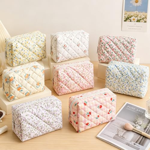 Giesiery Floral Cotton Quilted Makeup Bags Set of 8 Travel Cosmetic Pouches
