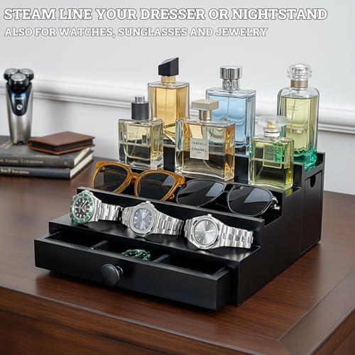 Wooden Cologne Organizer For Men 4 Tier Black | High Grade Velvet Lining and Stylish Gift Box | Side Compartment | Space Aid Cologne Holder | Perfume Display Stand | Dresser Countertop Decor