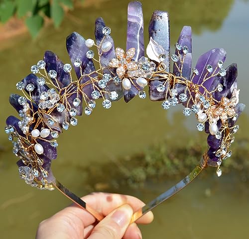 Women Raw Amethyst Headband with Pearl Flower for Bridal & Wedding - Purple Variation