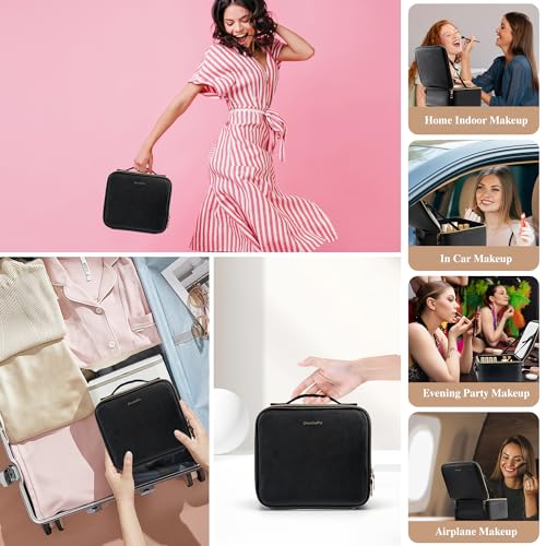 SJD LACE Black Travel Makeup Bag with LED Mirror, Waterproof Cosmetic Organizer