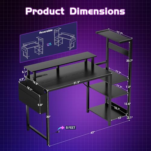 Apicizon 43-Inch Gaming Desk with Monitor Stand, Left/Right Shelves, Black