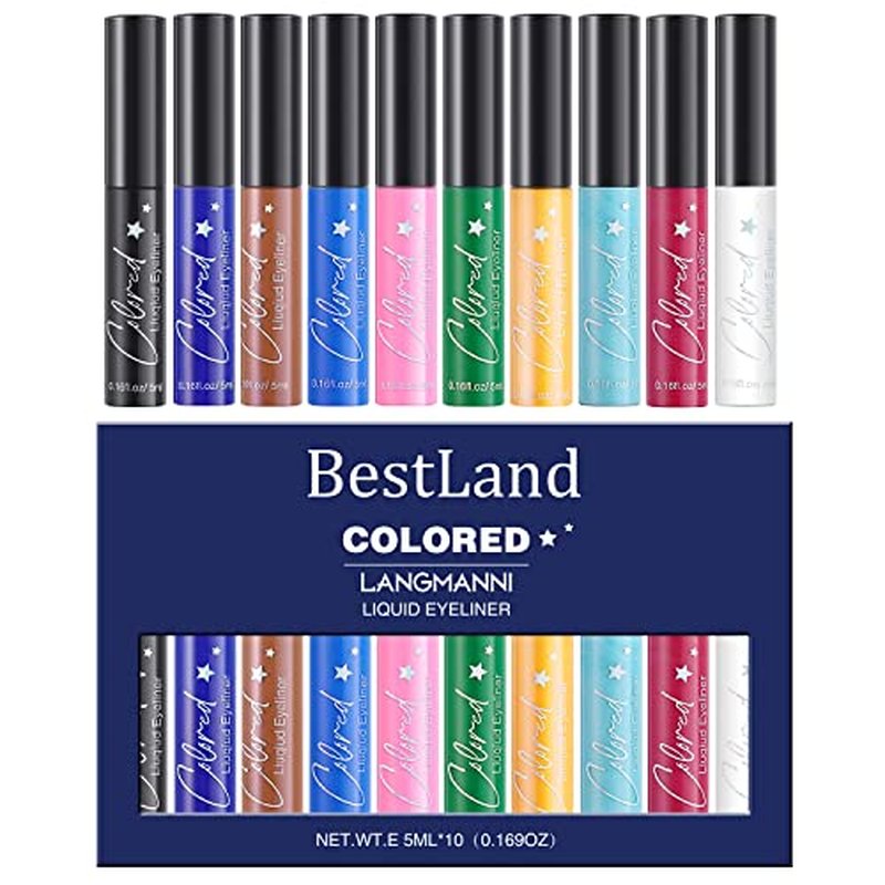 BestLand 10 Colors Liquid Matte Eyeliner - White, Black, Blue, Brown Colored Liner - Waterproof, Bright, Rainbow Eyeliner Pencil - Quick Dry Eyes Makeup Kit