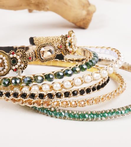 YARN & INK 6 Pcs Women's Champagne Gold Rhinestone Headbands - Mix Hairbands