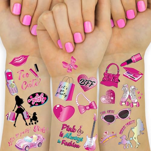 New Updated Pink Temporary Tattoos for Girls - 89+PCS Styles (10 Sheets)| Pink Birthday Decorations Hand Face Tattoo Stickers Party Supplies, Party Favors, Fan Cute, Birthday Party Gift