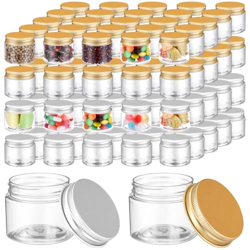 Mini Plastic Jars with Lids - 2 oz Clear Containers with Gold & Silver Aluminum Lids, Bulk 100 Pcs