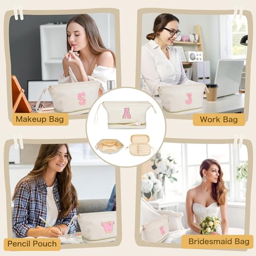 Personalized Makeup Bag for Girls - Initial Women Travel Cosmetic Organizer, Double Layer with Brush Holder - L