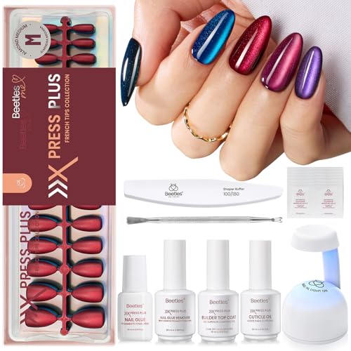 Beetles Galaxy Cat Eye Nails Kit - Medium Almond Press On Nails, 7 Colors, 224Pcs