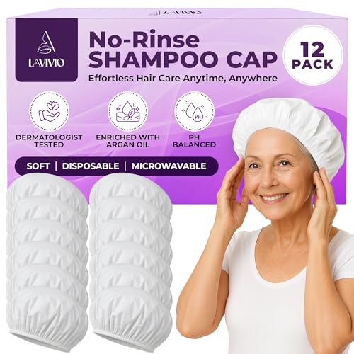 No Rinse Shampoo Caps ? Waterless Hair Washing Shower Caps for Bedridden Patients, Elderly, Hospital Use ? Disposable Rinseless Conditioning Bathing Supplies with Aloe Vera, Vitamins - 12 Pack